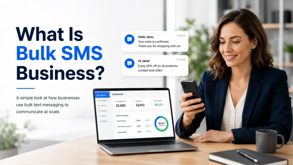 What is bulk SMS business feature image showing a professional woman using a smartphone with SMS campaign dashboard and text message notifications.