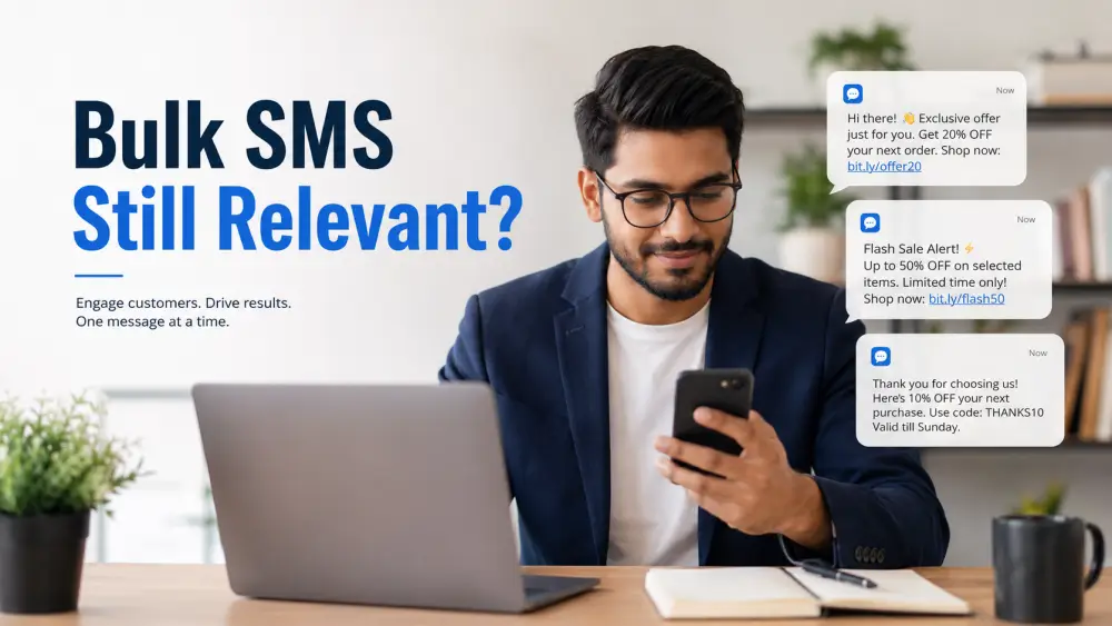 Bulk SMS still relevant blog image showing a business professional receiving SMS marketing messages on a smartphone.